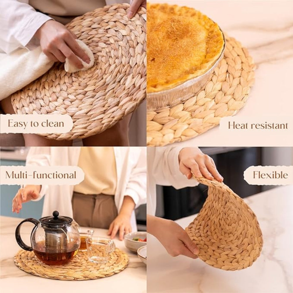 6 Pack, Round Woven Placemats, Natural Water Hyacinth Place mats, Braided Straw Table Mats for Dining Table, Christmas Placemats (13.8 inch)