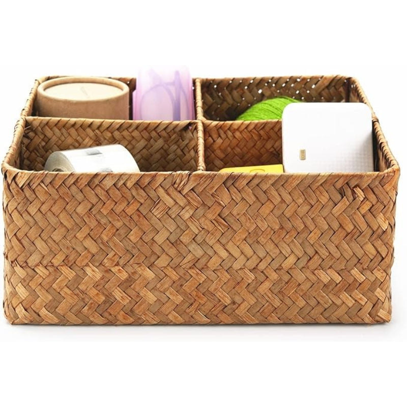 Woven Seagrass Storage Basket with 4 Divided Sections, Wicker Basket Bin Box Organizer for Countertops/Closet/Shelf/Dresser