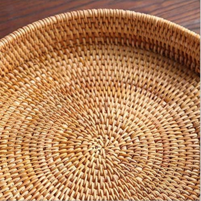 YANGQIHOME Rattan Round Serving Tray, Hand Woven Serving Basket with Cut - Out Handles, Wicker Fruit/Bread Serving Basket, 14.2 inch