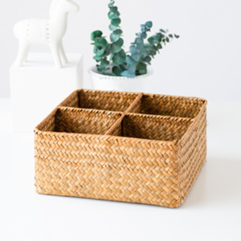 Woven Seagrass Storage Basket with 4 Divided Sections, Wicker Basket Bin Box Organizer for Countertops/Closet/Shelf/Dresser