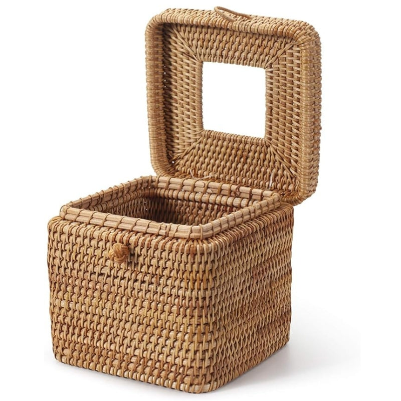 Rattan Square Tissue Box Cover, 5.7" x 5.7" x 5", Decorative Woven Facial Tissue Holder with Hinged Top Lid, Natural Color