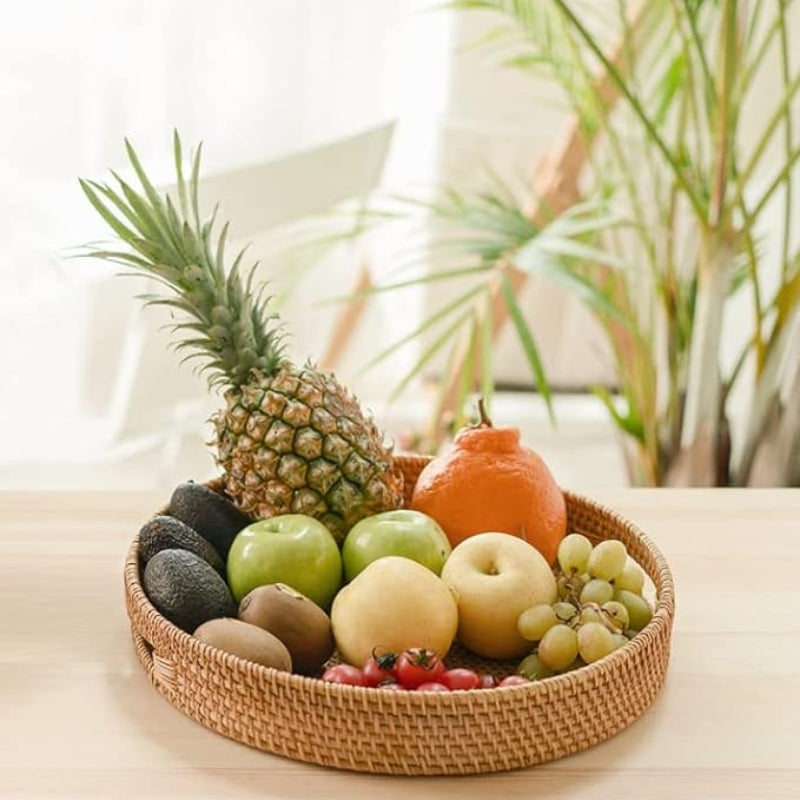 YANGQIHOME Rattan Round Serving Tray, Hand Woven Serving Basket with Cut - Out Handles, Wicker Fruit/Bread Serving Basket, 14.2 inch