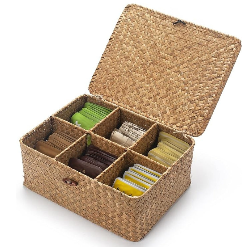 Tea Bag/Sugar Packet Holder, Coffee Station Condiment Organizer, Seagrass Storage Basket, Wicker Rattan Divided Basket Organizer for Drawer/Shelf/Countertop