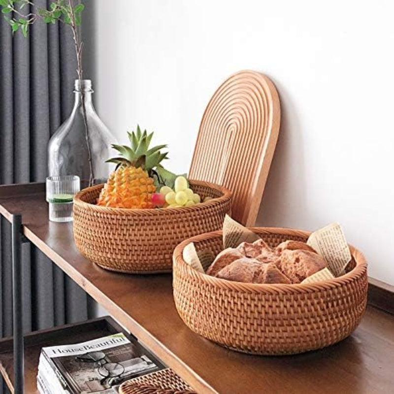 YANGQIHOME Natural Rattan Round Fruit Basket Bowls, Handwoven Storage Serving Baskets, Wicker Organizer for Dinning Room (Set of 3)