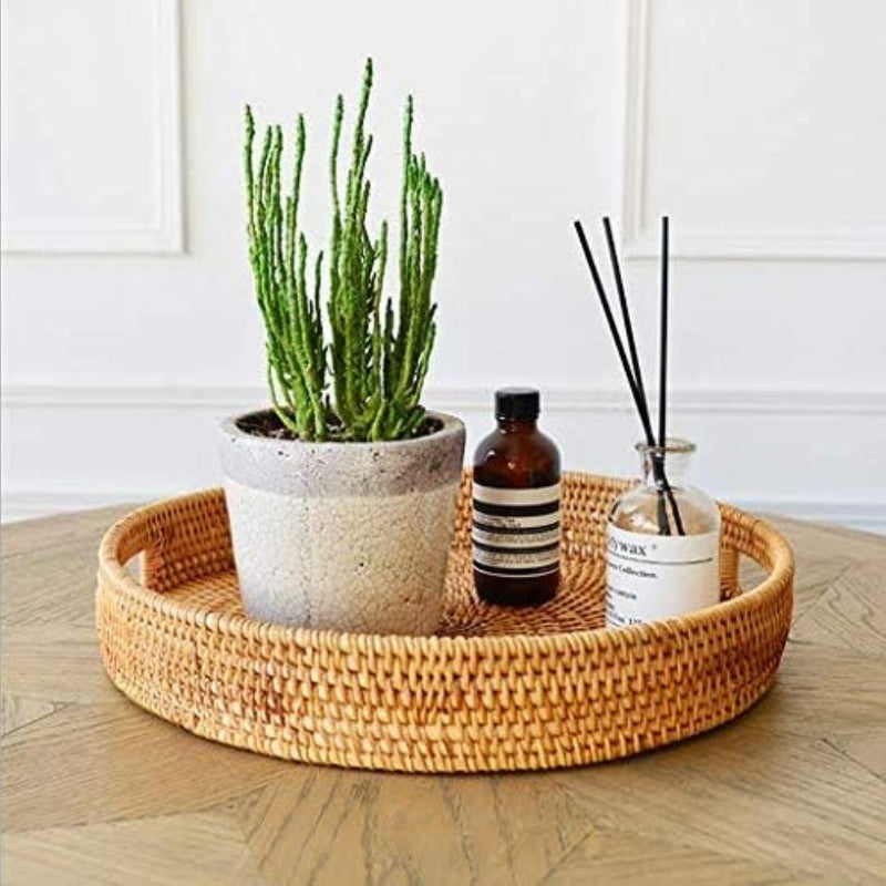 YANGQIHOME Rattan Round Serving Tray, Hand Woven Serving Basket with Cut - Out Handles, Wicker Fruit/Bread Serving Basket, 14.2 inch