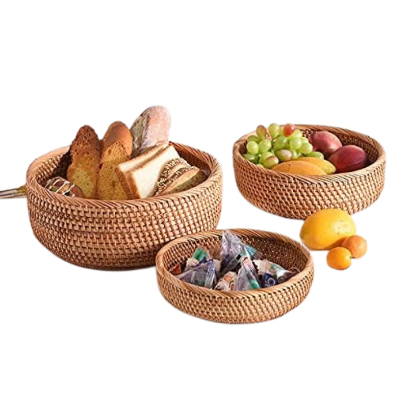 YANGQIHOME Natural Rattan Round Fruit Basket Bowls, Handwoven Storage Serving Baskets, Wicker Organizer for Dinning Room (Set of 3)