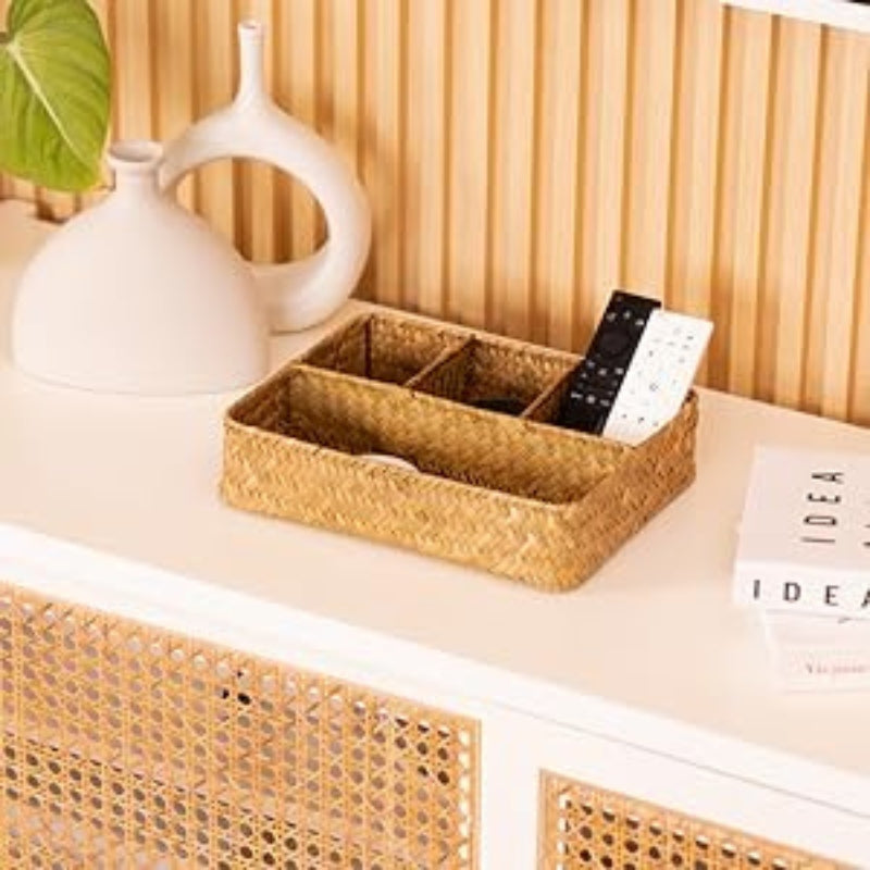 YANGQIHOME Tea Bag/Sugar Packet Holder, Coffee Station Condiment Organizer, Seagrass Storage Basket, Wicker Rattan Divided Basket Organizer for Drawer/Shelf/Countertop