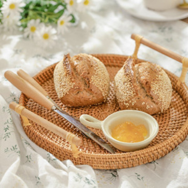 Woven Serving Tray, Rattan Round Tray, Wicker Serving Basket with Wooden Handles (12.6 inch / 32cm)