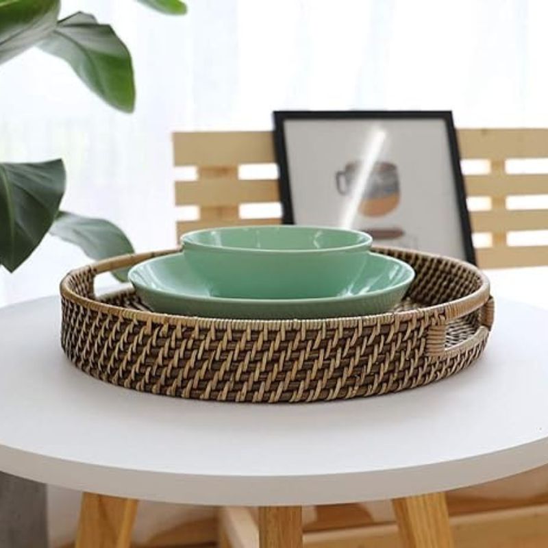 13.8 inch Rattan Tray, Round Wicker Tray with Cut-Out Handles, Woven Serving Tray for Dining / Coffee Table