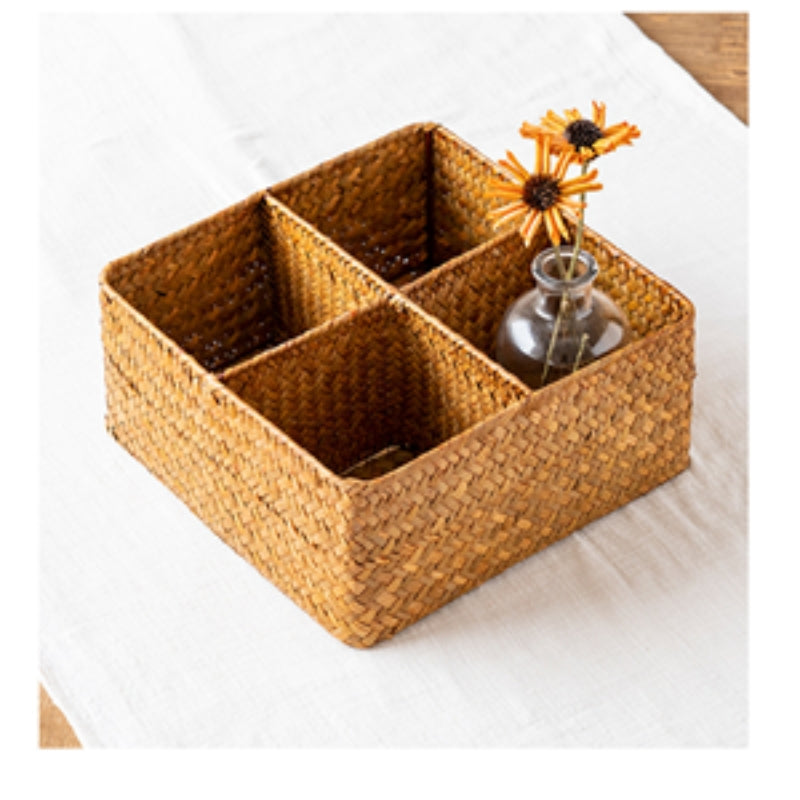 Woven Seagrass Storage Basket with 4 Divided Sections, Wicker Basket Bin Box Organizer for Countertops/Closet/Shelf/Dresser