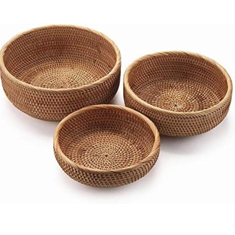 YANGQIHOME Natural Rattan Round Fruit Basket Bowls, Handwoven Storage Serving Baskets, Wicker Organizer for Dinning Room (Set of 3)