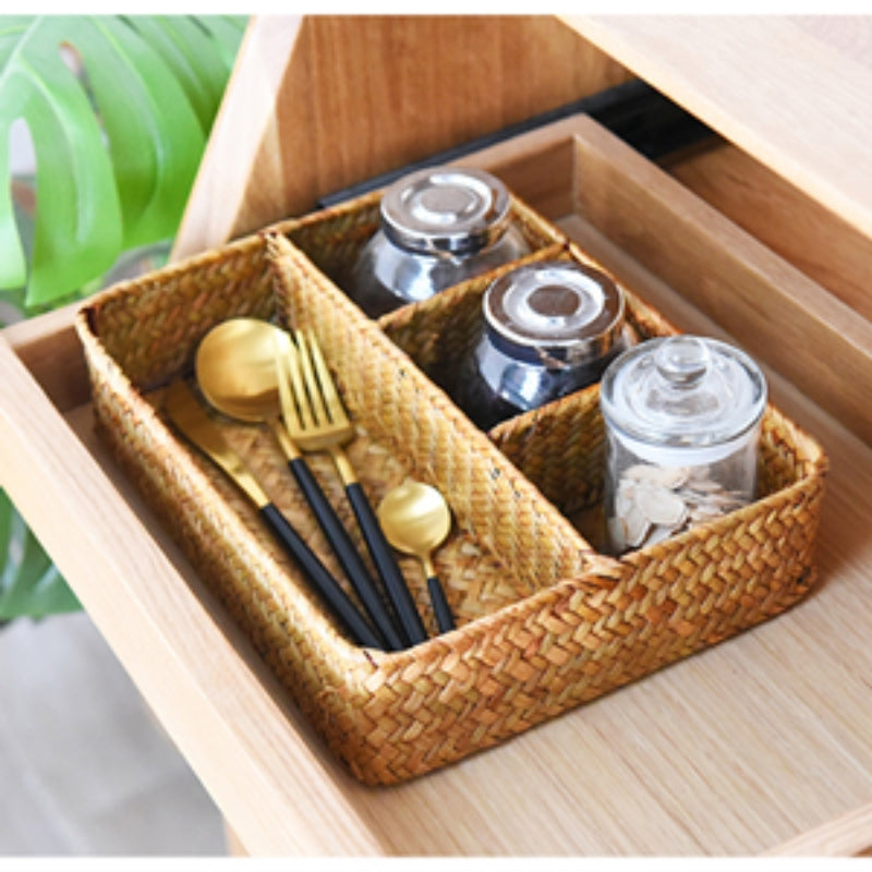 YANGQIHOME Tea Bag/Sugar Packet Holder, Coffee Station Condiment Organizer, Seagrass Storage Basket, Wicker Rattan Divided Basket Organizer for Drawer/Shelf/Countertop