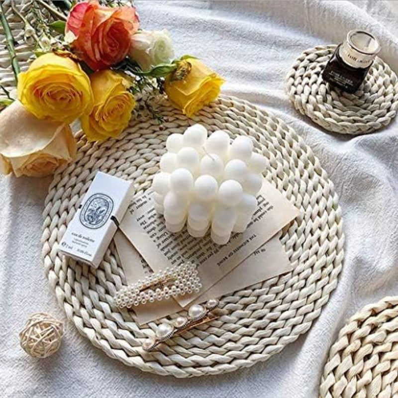 6 Pack Woven Placemats, Natural Corn Husk Placemats, Round Straw Braided Table Mats,11.8 inch