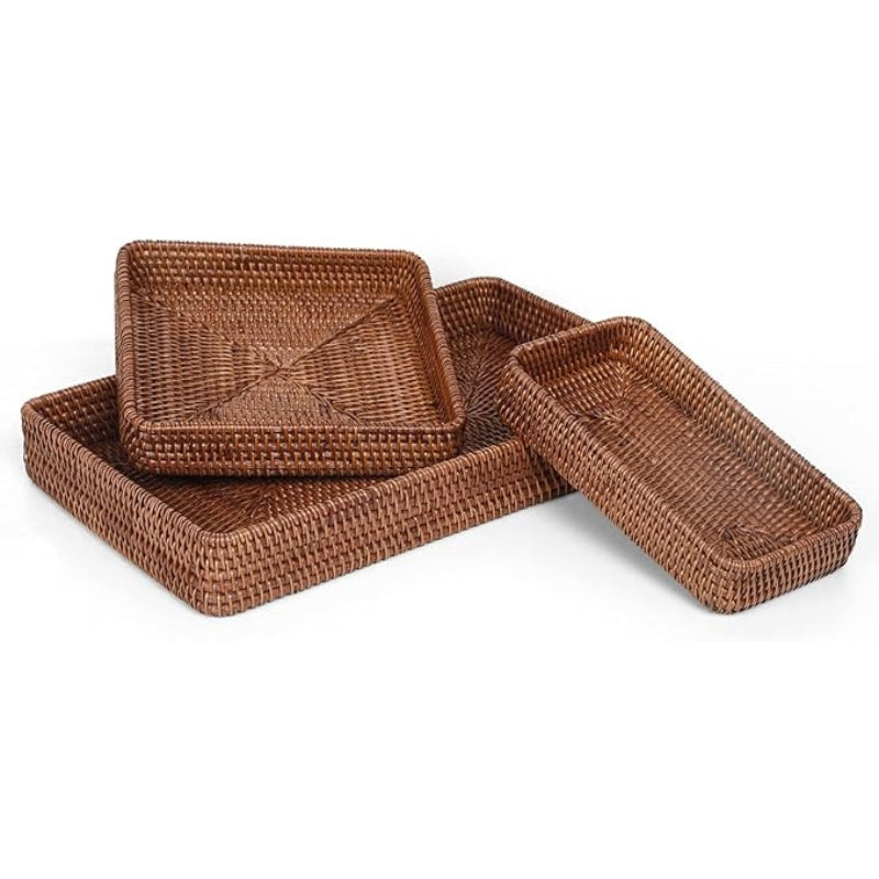 Rattan Serving Tray, Rectangular Woven Tray, Natural Wicker Decorative Serving Baskets for Organizing Tabletop Bathroom Kitchen Counter (Natural)