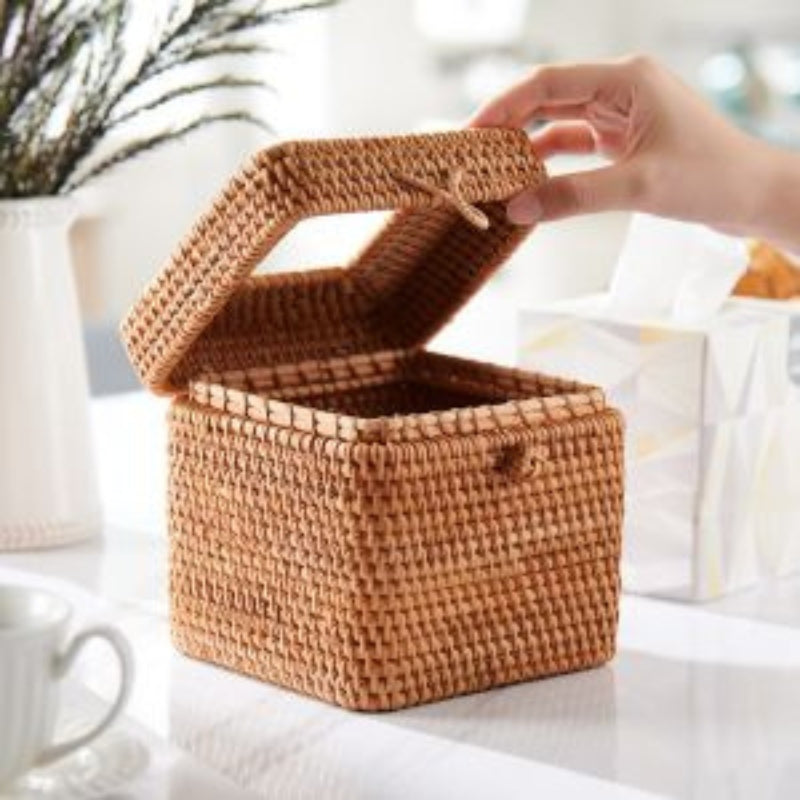 Rattan Square Tissue Box Cover, 5.7" x 5.7" x 5", Decorative Woven Facial Tissue Holder with Hinged Top Lid, Natural Color