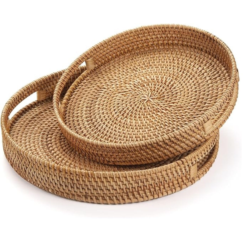 YANGQIHOME Rattan Round Serving Tray, Hand Woven Serving Basket with Cut - Out Handles, Wicker Fruit/Bread Serving Basket, 14.2 inch