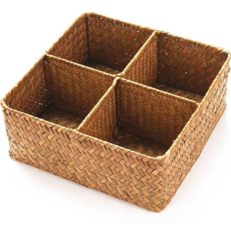 Woven Seagrass Storage Basket with 4 Divided Sections, Wicker Basket Bin Box Organizer for Countertops/Closet/Shelf/Dresser