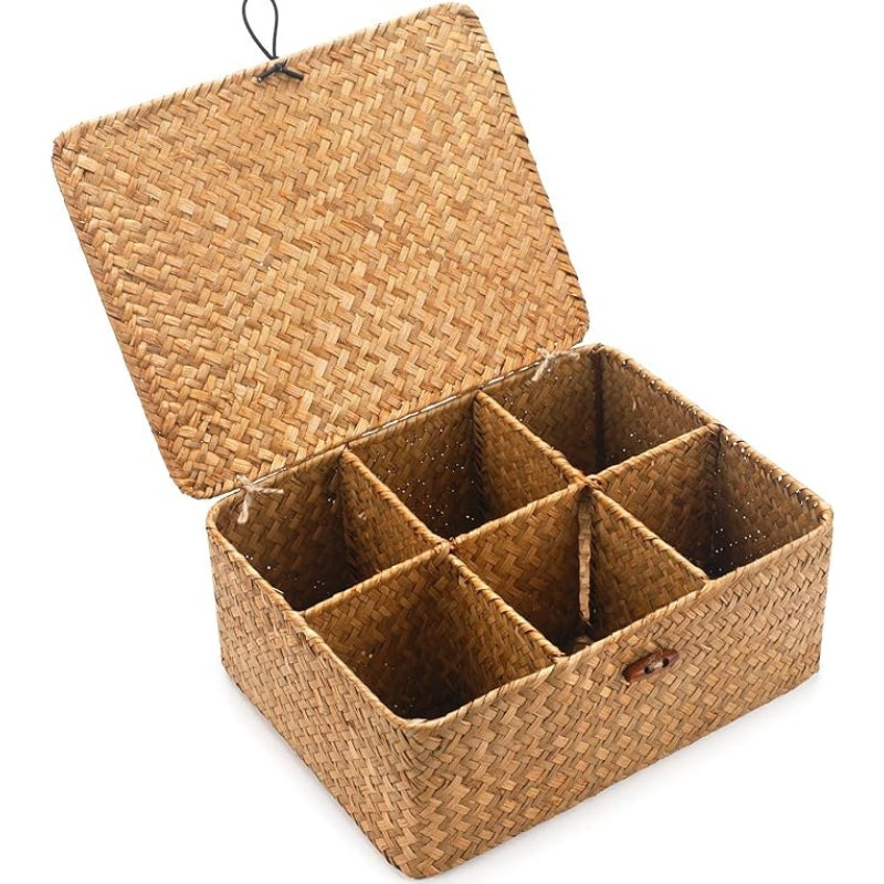 Tea Bag/Sugar Packet Holder, Coffee Station Condiment Organizer, Seagrass Storage Basket, Wicker Rattan Divided Basket Organizer for Drawer/Shelf/Countertop