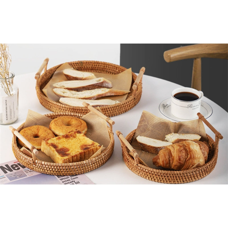 Woven Serving Tray, Rattan Round Tray, Wicker Serving Basket with Wooden Handles (12.6 inch / 32cm)