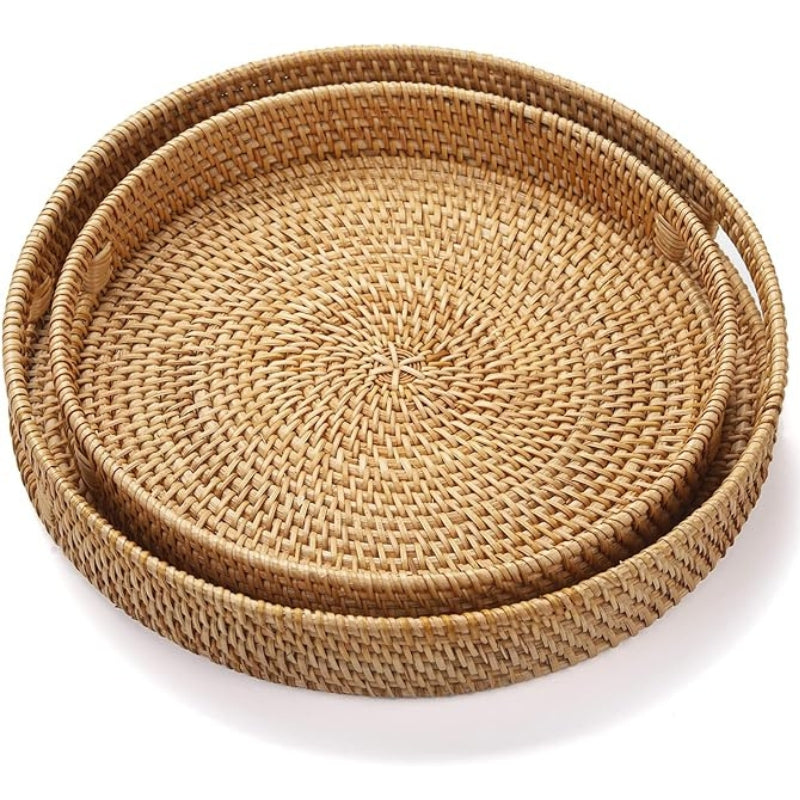 YANGQIHOME Rattan Round Serving Tray, Hand Woven Serving Basket with Cut - Out Handles, Wicker Fruit/Bread Serving Basket, 14.2 inch