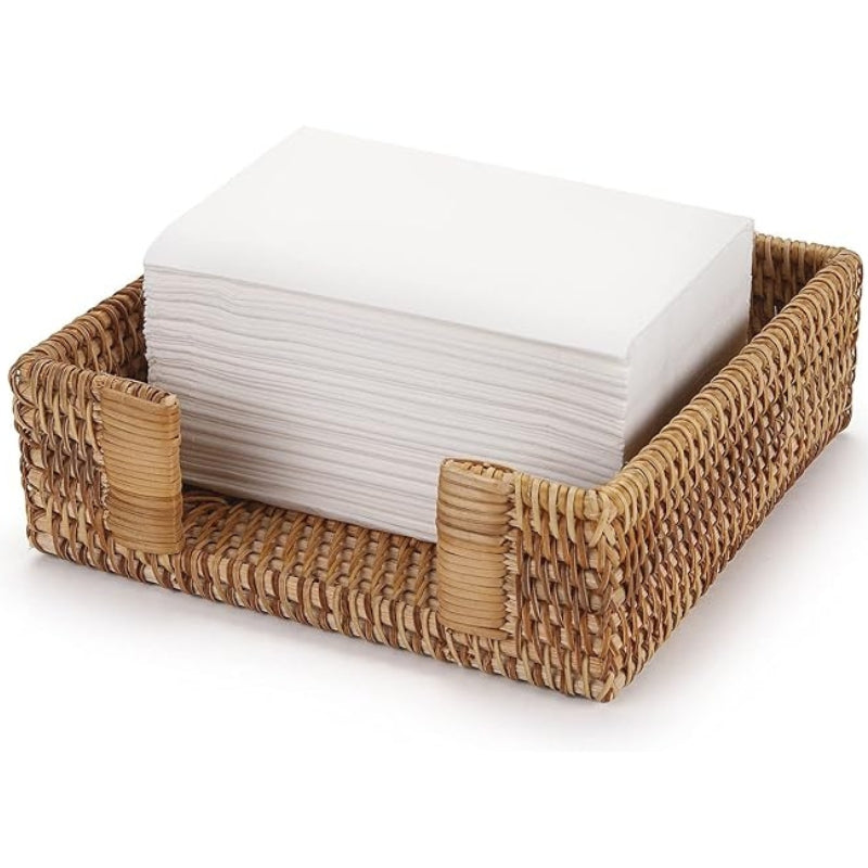 Rattan Napkin Holder Square, 7.5" x 7.5" x 2.5", Wicker Napkin Tray, Woven Guest Towel Holder for Restaurant/Kitchen/Bathroom/Christmas Table Decor