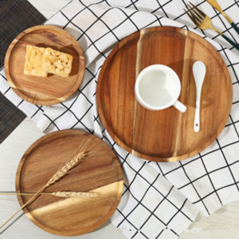 Round Wood Tray, Acacia Wooden Serving Tray, Serving Platter, Appetizer Charcuterie Board, Tray Organizer for Kitchen/Countertop, 13.8 x 13.8 x 0.8 inch