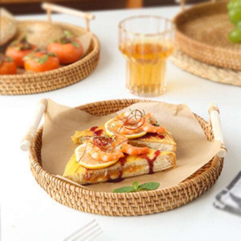 Woven Serving Tray, Rattan Round Tray, Wicker Serving Basket with Wooden Handles (12.6 inch / 32cm)