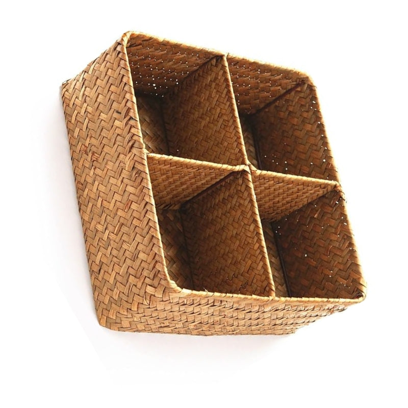 Woven Seagrass Storage Basket with 4 Divided Sections, Wicker Basket Bin Box Organizer for Countertops/Closet/Shelf/Dresser