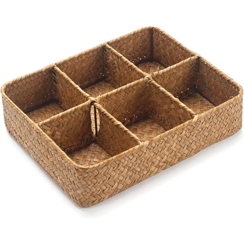 Tea Bag/Sugar Packet Holder, Coffee Station Condiment Organizer, Seagrass Storage Basket, Wicker Rattan Divided Basket Organizer for Drawer/Shelf/Countertop