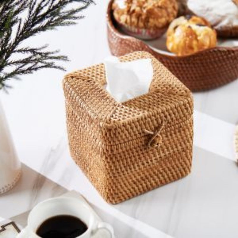 Rattan Square Tissue Box Cover, 5.7" x 5.7" x 5", Decorative Woven Facial Tissue Holder with Hinged Top Lid, Natural Color