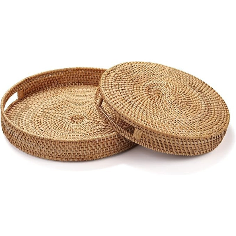 YANGQIHOME Rattan Round Serving Tray, Hand Woven Serving Basket with Cut - Out Handles, Wicker Fruit/Bread Serving Basket, 14.2 inch